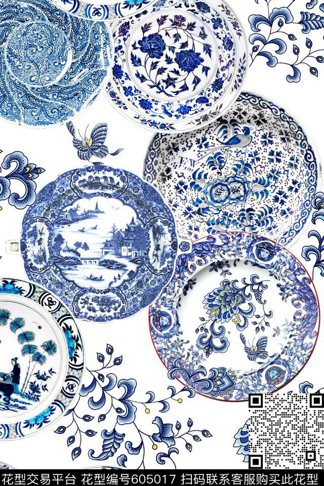 青花瓷中国风盘子数码印花华亿平台下载（图片编号: 605017） - 瓦栏（Walan）