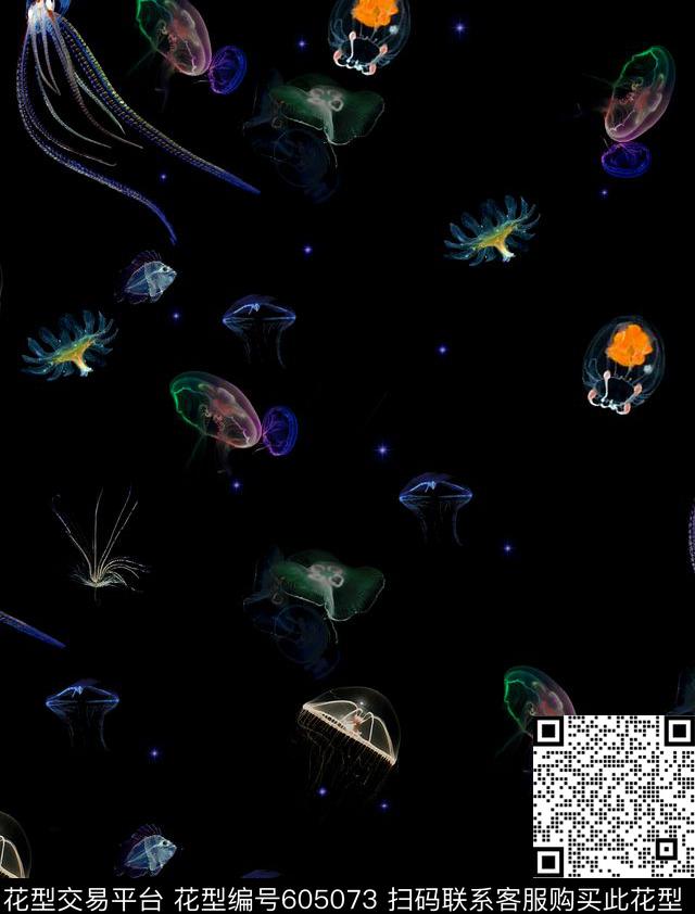 黑底。海洋海底生物数码印花华亿平台下载（图片编号: 605073） - 瓦栏（Walan）