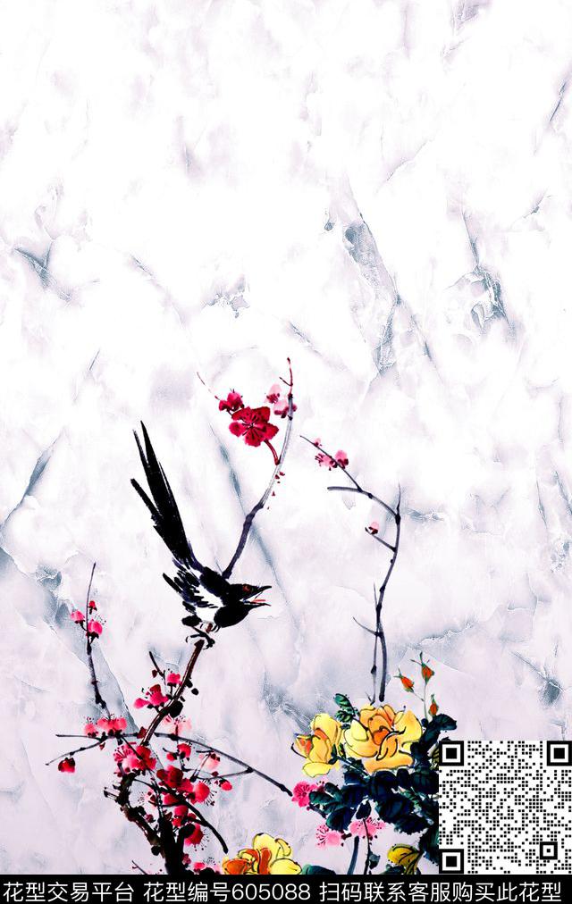梅花工笔画云纹数码印花华亿平台下载（图片编号: 605088） - 瓦栏（Walan）
