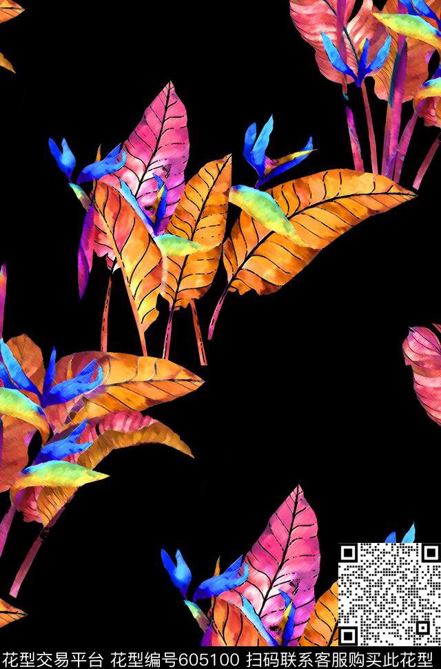 黑白底彩色叶子。数码印花华亿平台下载（图片编号: 605100） - 瓦栏（Walan）