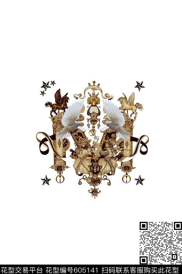 和平鸽欧洲复古宗教图案五角星数码印花华亿平台下载（图片编号: 605141） - 瓦栏（Walan）