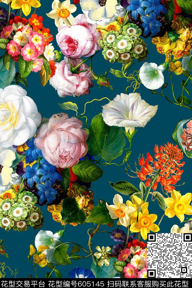 时尚手绘花卉数码印花华亿平台下载（图片编号: 605145） - 瓦栏（Walan）
