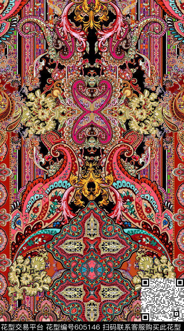 民族风腰果条纹数码印花华亿平台下载（图片编号: 605146） - 瓦栏（Walan）