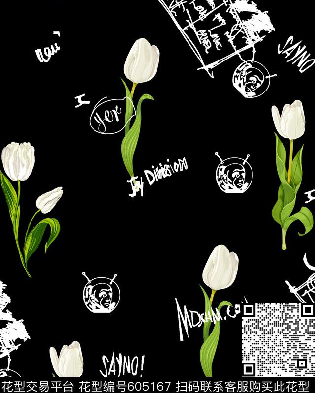 花卉郁金香字母数码印花华亿平台下载（图片编号: 605167） - 瓦栏（Walan）