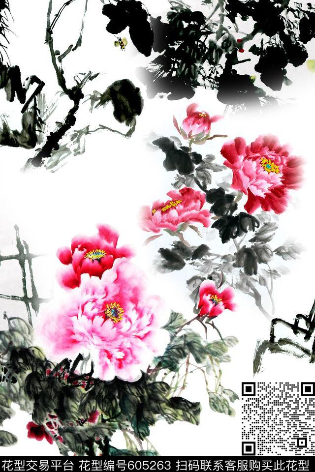 国画水墨牡丹数码印花华亿平台下载（图片编号: 605263） - 瓦栏（Walan）