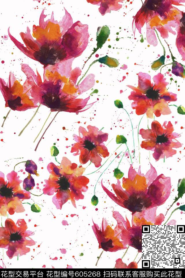 泼墨水彩花卉女装数码印花华亿平台下载（图片编号: 605268） - 瓦栏（Walan）