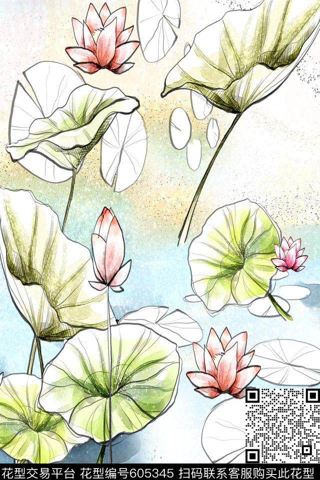 荷花花卉手绘数码印花华亿平台下载（图片编号: 605345） - 瓦栏（Walan）