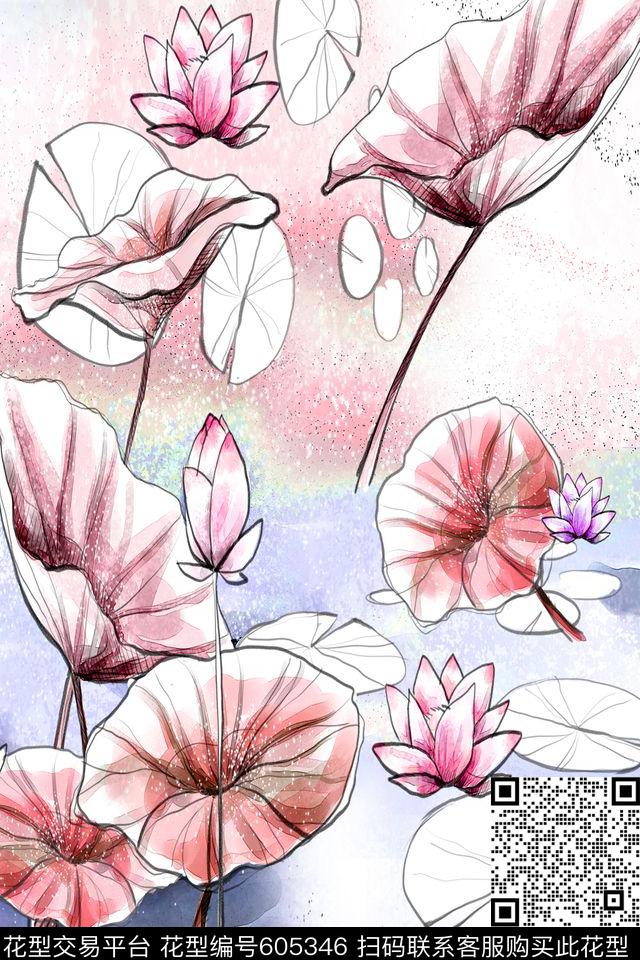 荷花花卉手绘数码印花华亿平台下载（图片编号: 605346） - 瓦栏（Walan）
