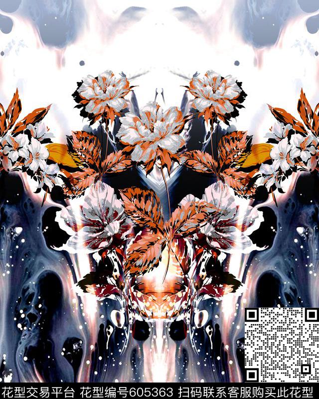 花朵花卉对称数码印花华亿平台下载（图片编号: 605363） - 瓦栏（Walan）