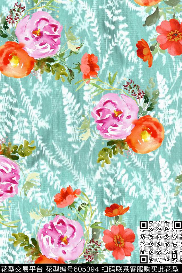 花卉女装水彩数码印花华亿平台下载（图片编号: 605394） - 瓦栏（Walan）