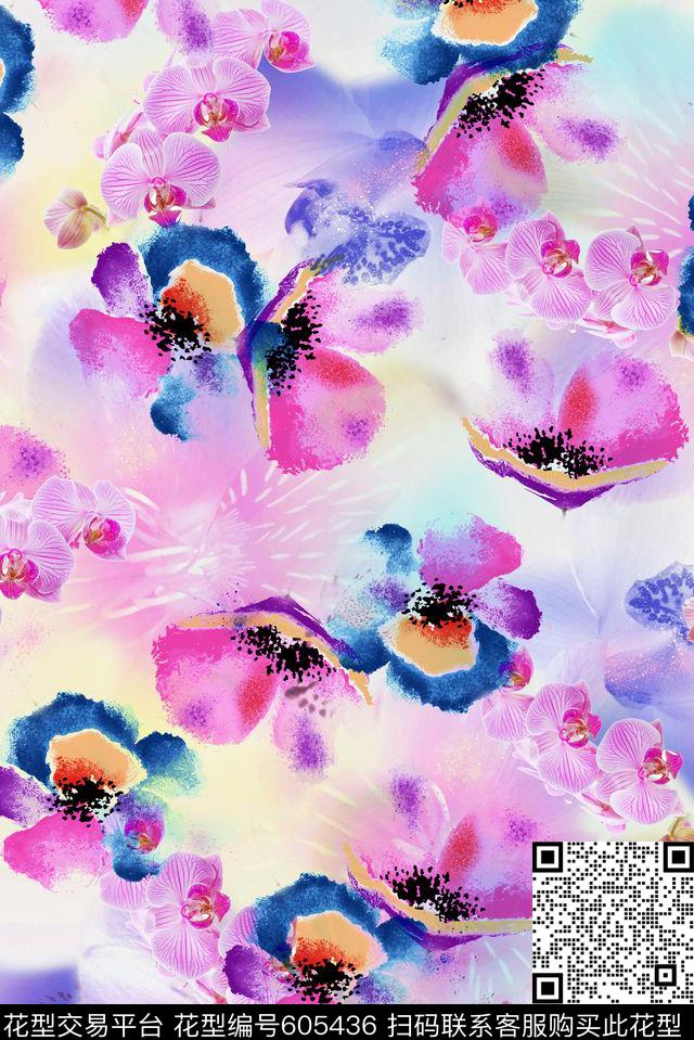 小清新花卉水彩花卉数码印花华亿平台下载（图片编号: 605436） - 瓦栏（Walan）