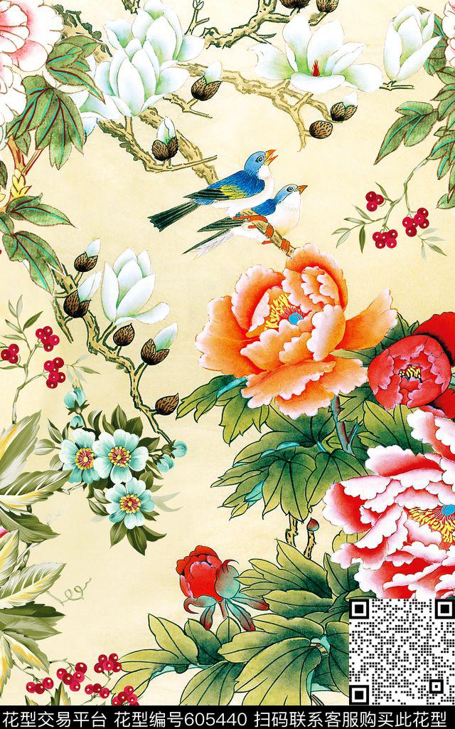 鹦鹉国画花朵数码印花华亿平台下载（图片编号: 605440） - 瓦栏（Walan）