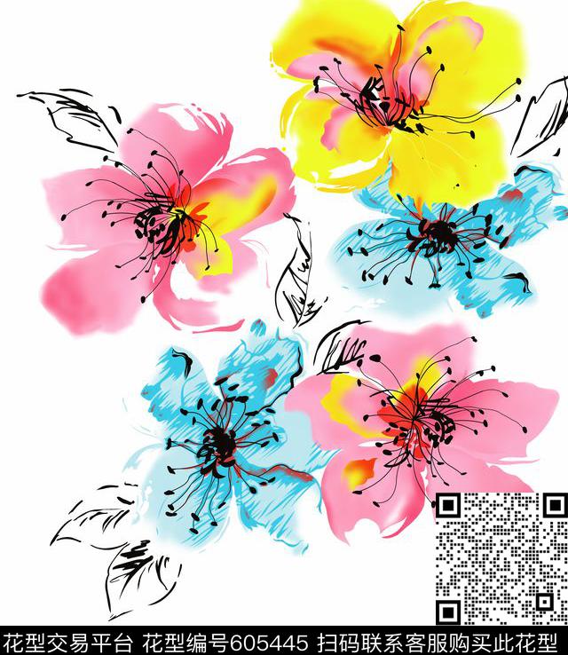 乱花白底方巾数码印花华亿平台下载（图片编号: 605445） - 瓦栏（Walan）