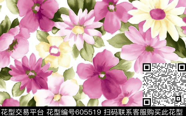 花朵手绘花卉数码印花华亿平台下载（图片编号: 605519） - 瓦栏（Walan）