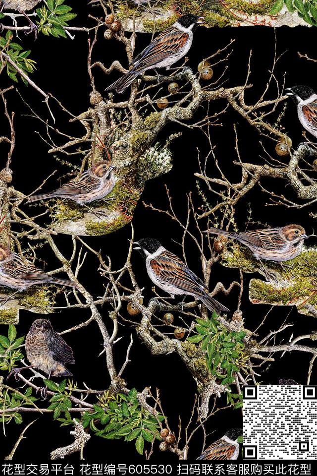 动物树枝小鸟数码印花华亿平台下载（图片编号: 605530） - 瓦栏（Walan）