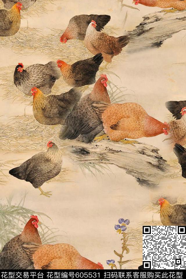 趣味动物中国风数码印花华亿平台下载（图片编号: 605531） - 瓦栏（Walan）