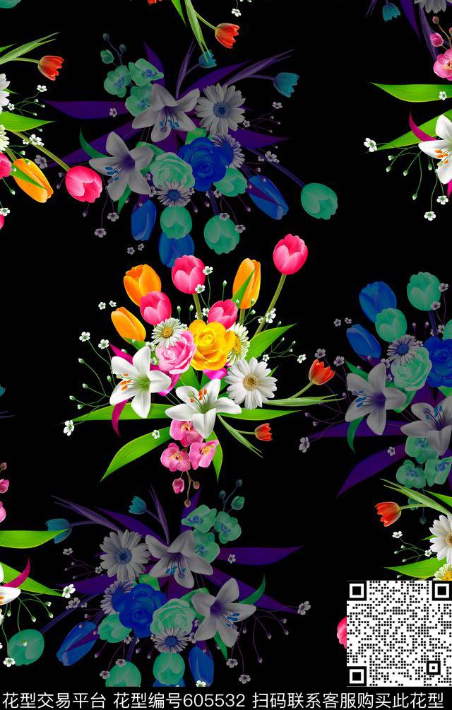插花黑白底郁金香数码印花华亿平台下载（图片编号: 605532） - 瓦栏（Walan）