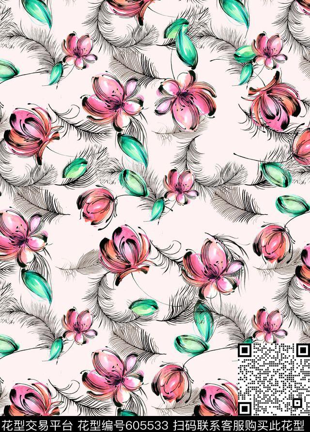 手绘中国风花朵数码印花华亿平台下载（图片编号: 605533） - 瓦栏（Walan）