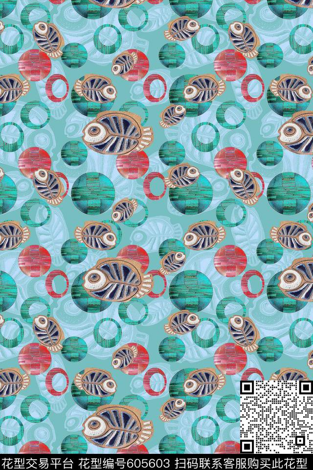 圆圈与波点可用家纺鱼儿泡泡数码印花华亿平台下载（图片编号: 605603） - 瓦栏（Walan）