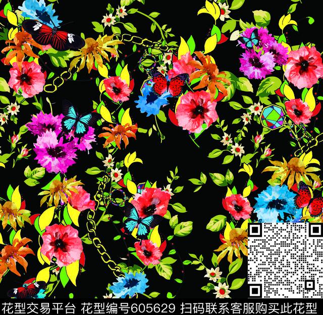 古典彩色花卉数码印花华亿平台下载（图片编号: 605629） - 瓦栏（Walan）