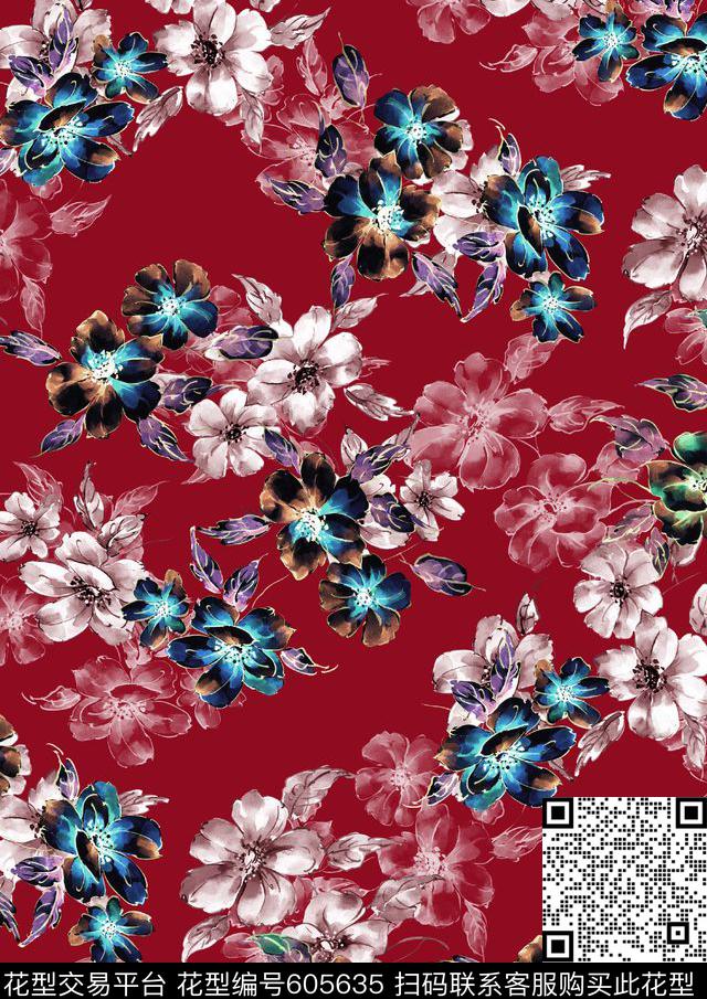 水彩手绘花卉数码印花华亿平台下载（图片编号: 605635） - 瓦栏（Walan）