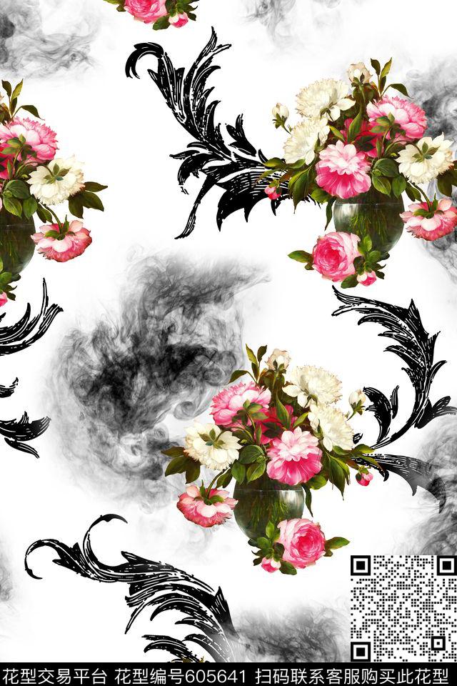 油画花卉水墨欧式卷纹数码印花华亿平台下载（图片编号: 605641） - 瓦栏（Walan）