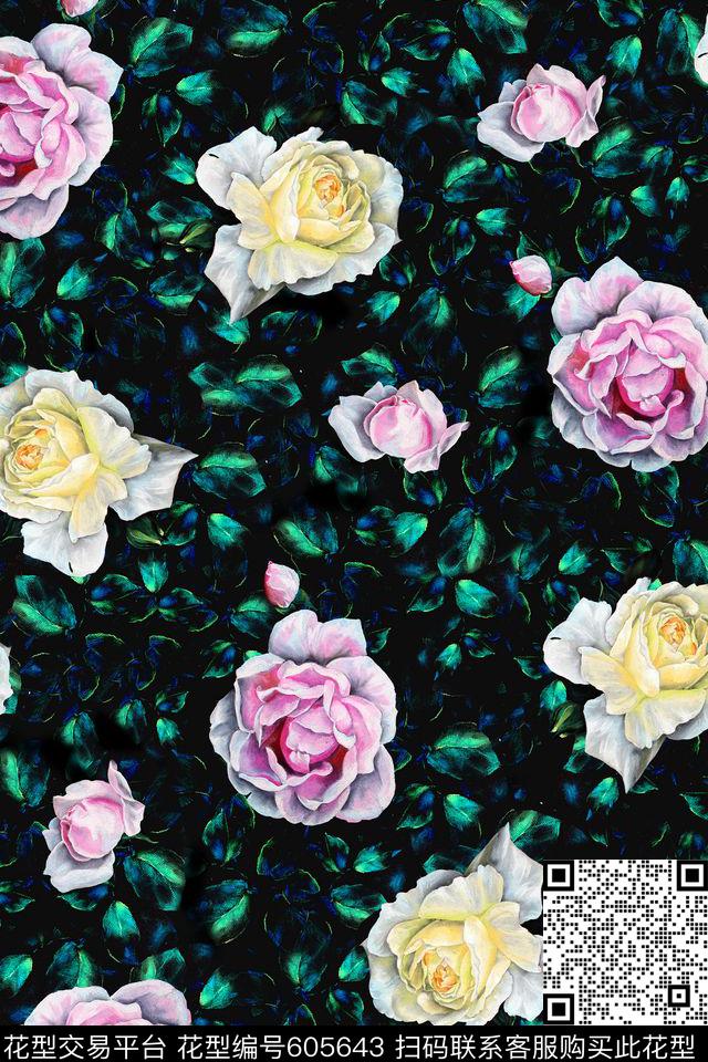 深底树叶手绘花数码印花华亿平台下载（图片编号: 605643） - 瓦栏（Walan）