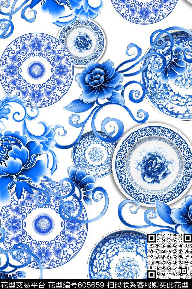 中国风青花瓷花卉数码印花华亿平台下载（图片编号: 605659） - 瓦栏（Walan）