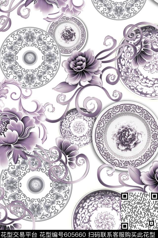 中国风青花瓷花卉数码印花华亿平台下载（图片编号: 605660） - 瓦栏（Walan）