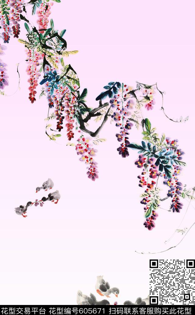 水墨花卉藤花数码印花华亿平台下载（图片编号: 605671） - 瓦栏（Walan）