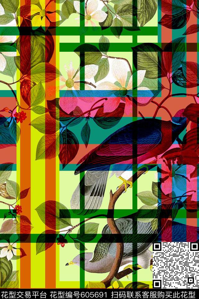不规则几何小方块花鸟数码印花华亿平台下载（图片编号: 605691） - 瓦栏（Walan）