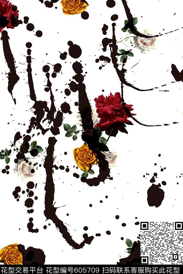 水墨玫瑰手绘数码印花华亿平台下载（图片编号: 605709） - 瓦栏（Walan）
