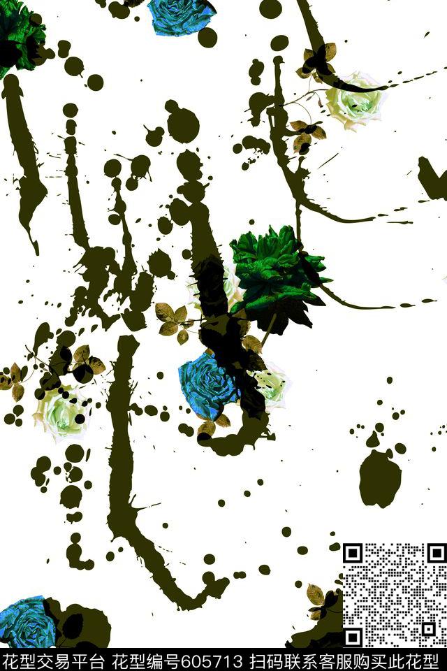 水墨玫瑰手绘数码印花华亿平台下载（图片编号: 605713） - 瓦栏（Walan）