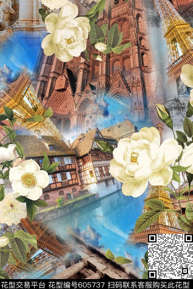 天空风景建筑山茶花数码印花华亿平台下载（图片编号: 605737） - 瓦栏（Walan）