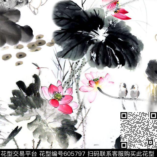 此华亿平台为1/2跳接。水墨民族风数码印花华亿平台下载（图片编号: 605797） - 瓦栏（Walan）