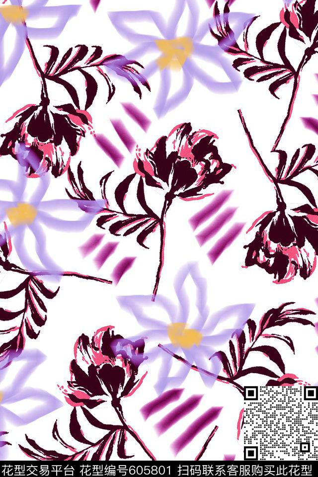 手绘花卉笔触数码印花华亿平台下载（图片编号: 605801） - 瓦栏（Walan）
