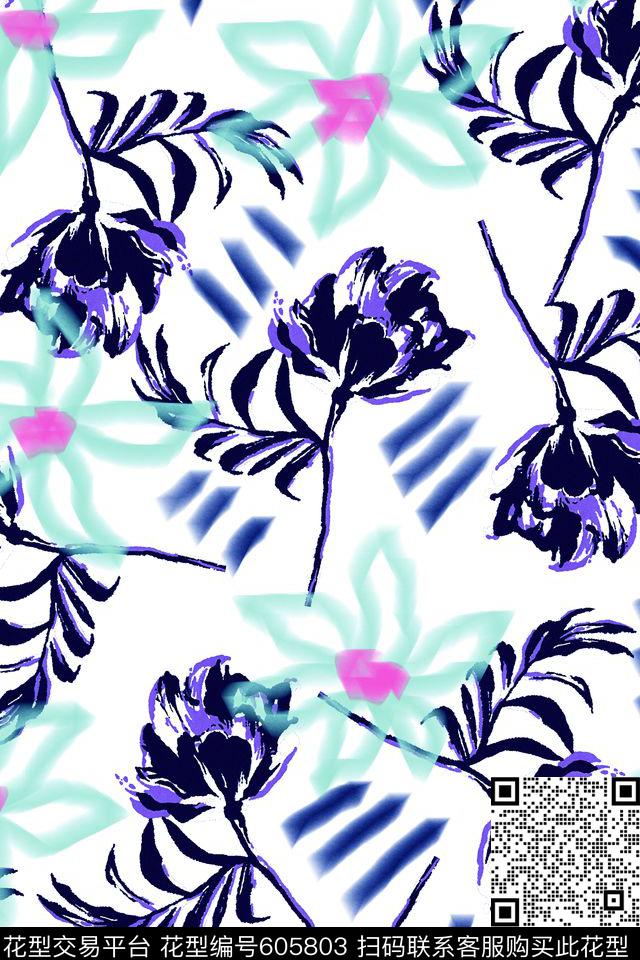 手绘花卉笔触数码印花华亿平台下载（图片编号: 605803） - 瓦栏（Walan）