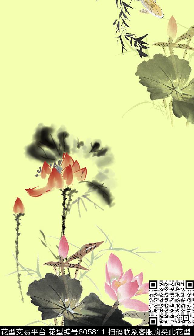 定位荷花云纹数码印花华亿平台下载（图片编号: 605811） - 瓦栏（Walan）