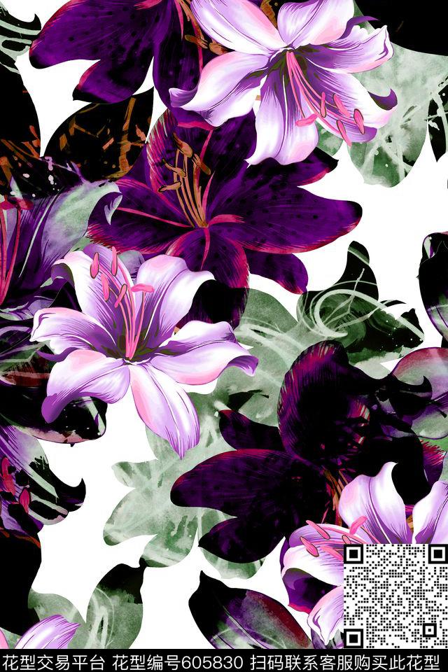 百合手绘水墨数码印花华亿平台下载（图片编号: 605830） - 瓦栏（Walan）