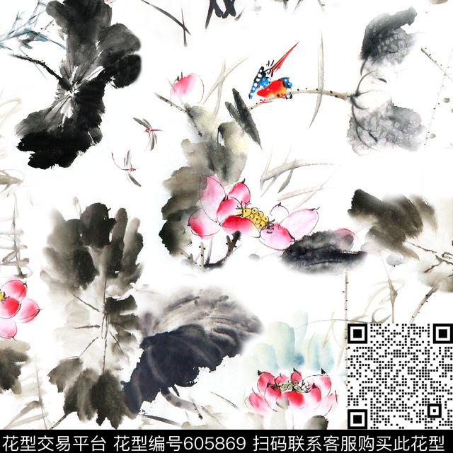 此华亿平台为1/2跳接。水墨民族风数码印花华亿平台下载（图片编号: 605869） - 瓦栏（Walan）