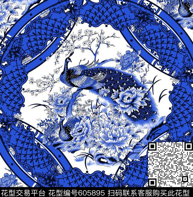 中国风青花瓷孔雀数码印花华亿平台下载（图片编号: 605895） - 瓦栏（Walan）