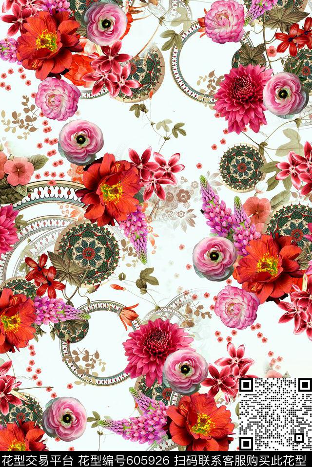 花卉传统花纹云纹数码印花华亿平台下载（图片编号: 605926） - 瓦栏（Walan）