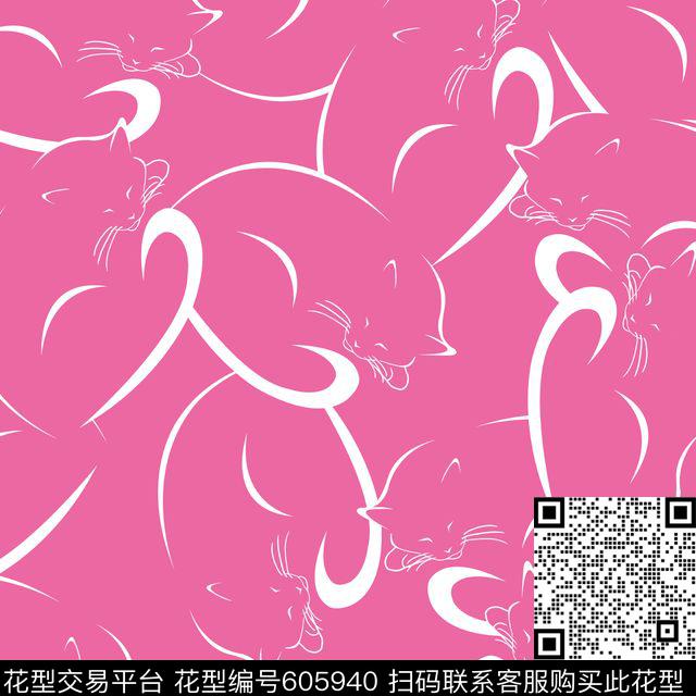 抽象手绘抽象线条手绘可爱小猫咪女装传统印花华亿平台下载（图片编号: 605940） - 瓦栏（Walan）