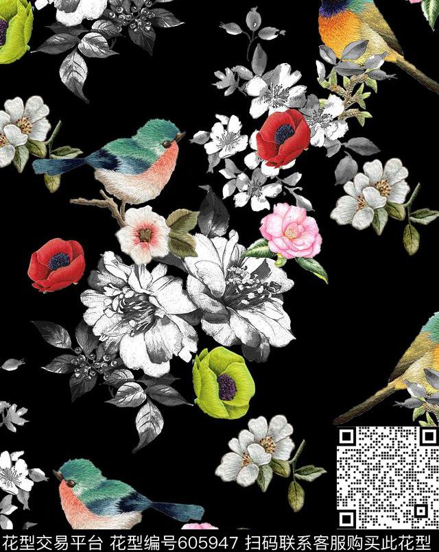 刺绣黑白花鸟罂粟花数码印花华亿平台下载（图片编号: 605947） - 瓦栏（Walan）