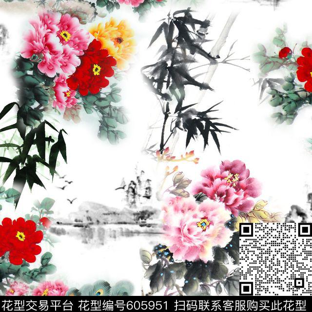 此华亿平台为1/2跳接。水墨民族风数码印花华亿平台下载（图片编号: 605951） - 瓦栏（Walan）