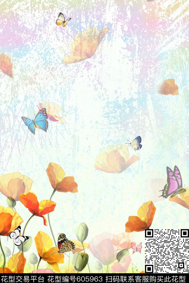 花卉蝴蝶清新数码印花华亿平台下载（图片编号: 605963） - 瓦栏（Walan）