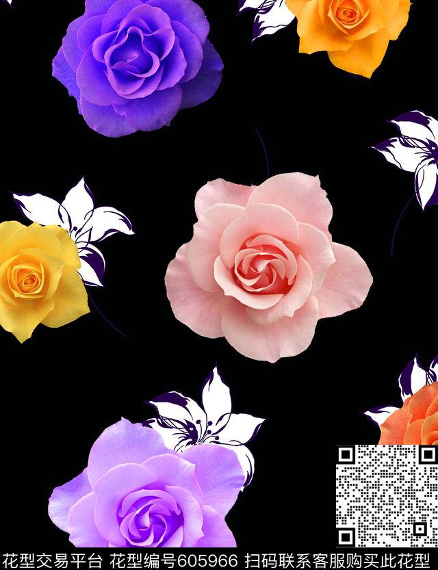 真花。分层黑白底数码印花华亿平台下载（图片编号: 605966） - 瓦栏（Walan）