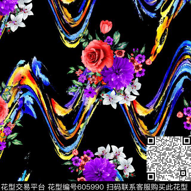 条纹黑底彩虹数码印花华亿平台下载（图片编号: 605990） - 瓦栏（Walan）