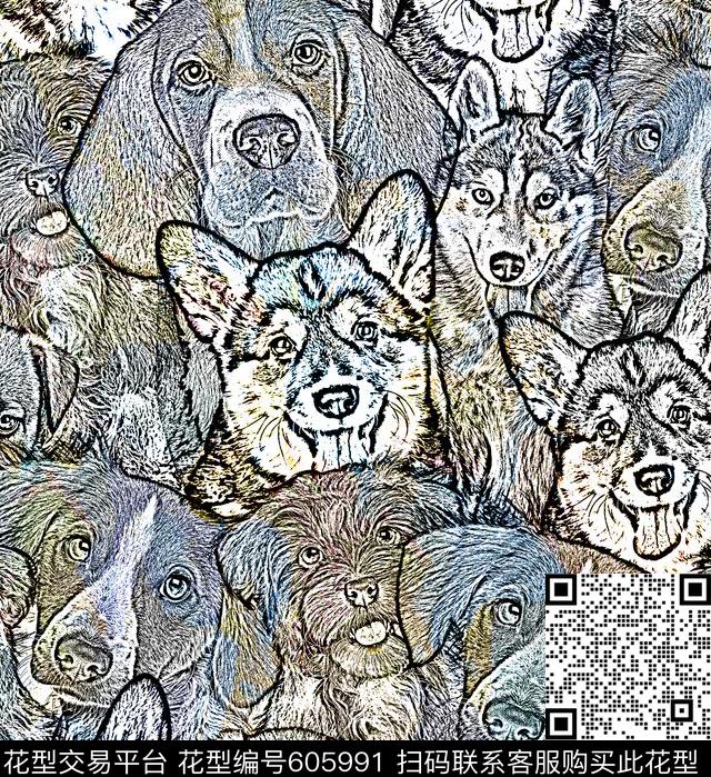 动物狗狗黑白数码印花华亿平台下载（图片编号: 605991） - 瓦栏（Walan）