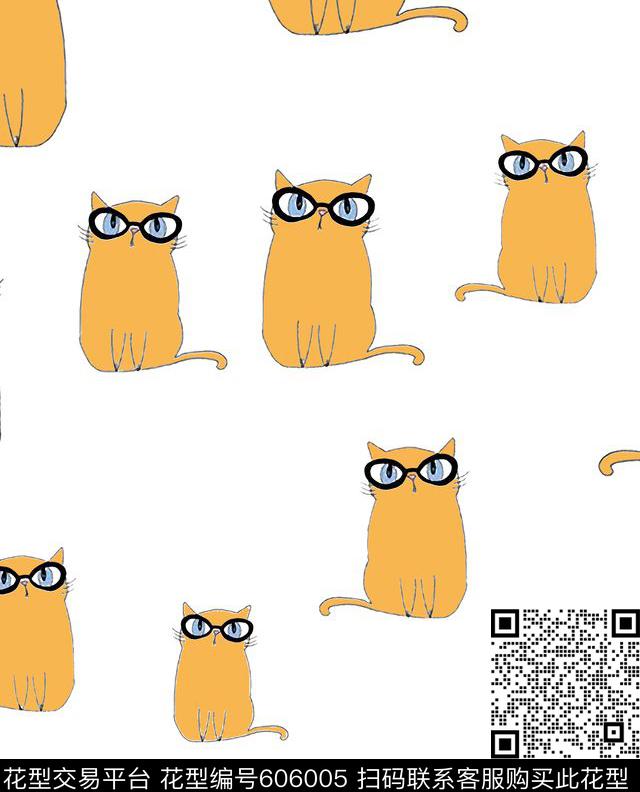 手绘可爱小猫咪女装卡通小猫咪传统印花华亿平台下载（图片编号: 606005） - 瓦栏（Walan）